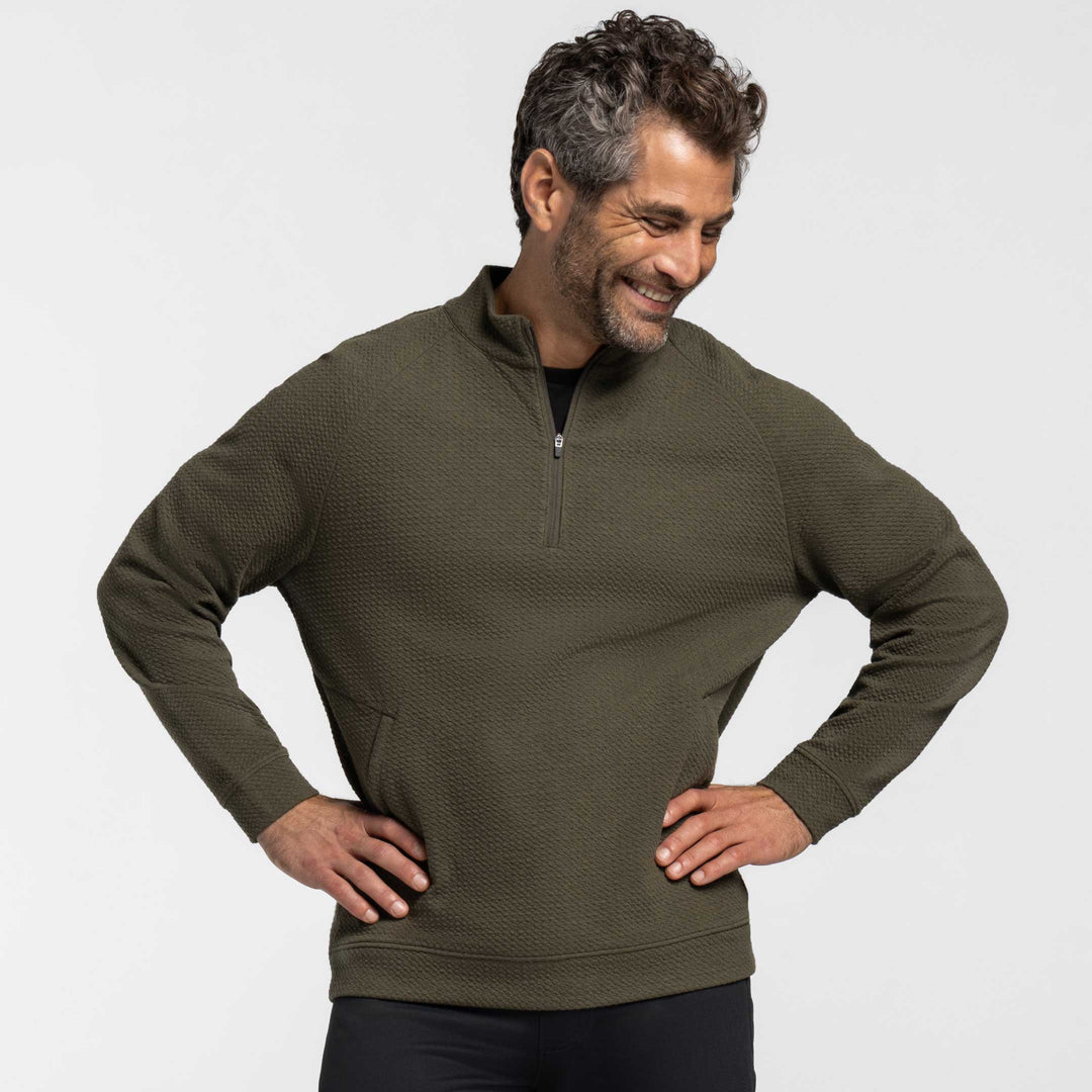 Ash & Erie Olive Textured Hybrid Quarter-Zip for Short Men   Hybrid Quarter-Zip