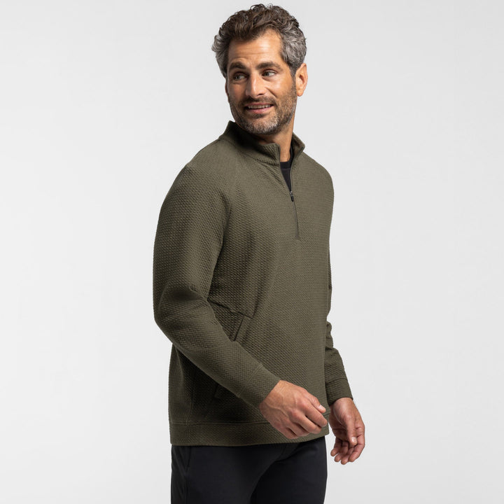 Ash & Erie Olive Textured Hybrid Quarter-Zip for Short Men   Hybrid Quarter-Zip