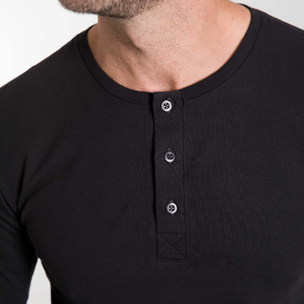 Ash & Erie Black Long Sleeve Pima Cotton Henley for Short Men