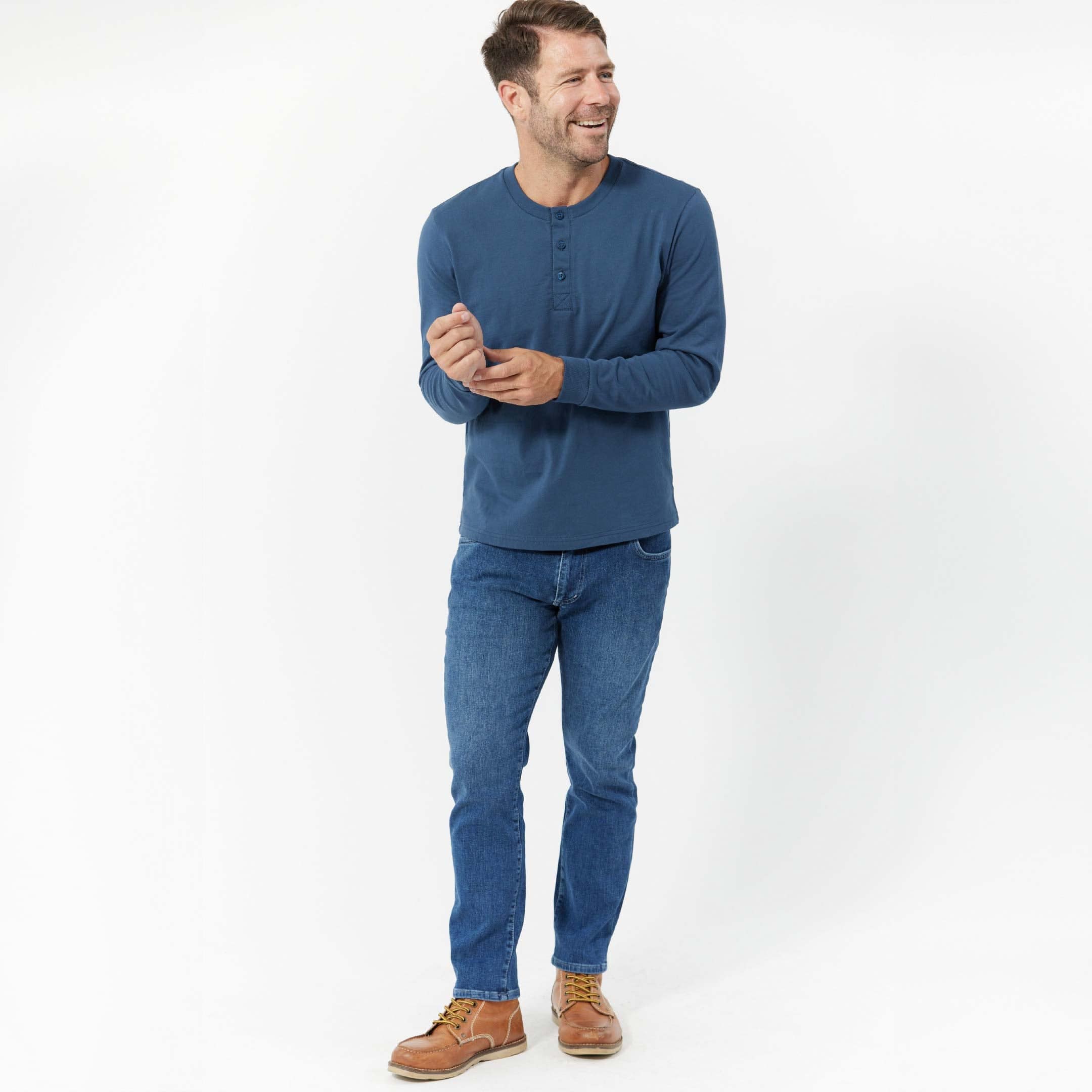 Hisir Henley Uomo A Maniche Lunghe – Maglietta In Cotone Ed Elastan, Blu Marino, Taglie S-XXL