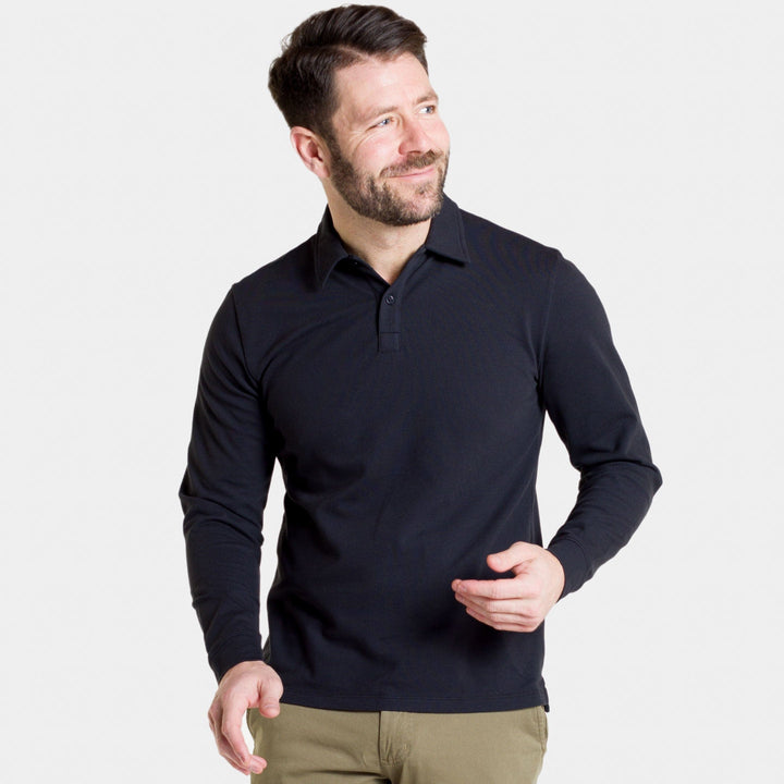 Buy Black Pique Long Sleeve Polo Shirt for Short Men | Ash & Erie   Long Sleeve Polos