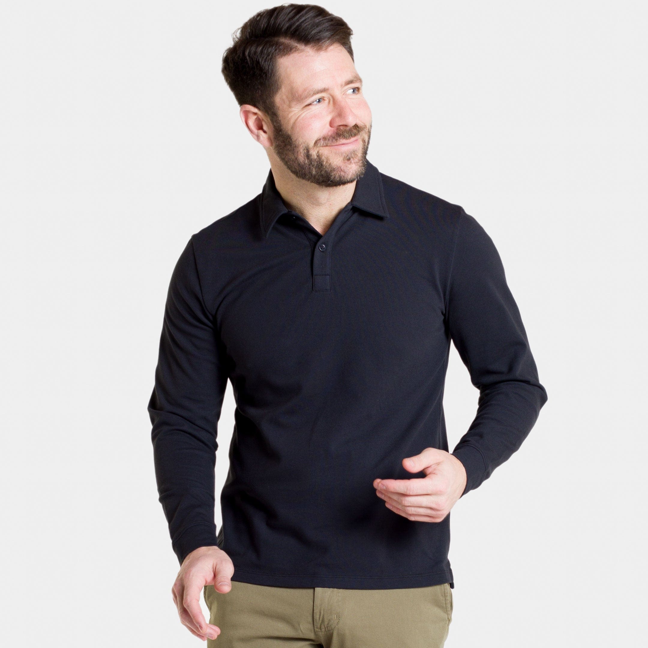 long sleeve black dress shirts Buy Black Pique Long Sleeve Polo Shirt for Short Men