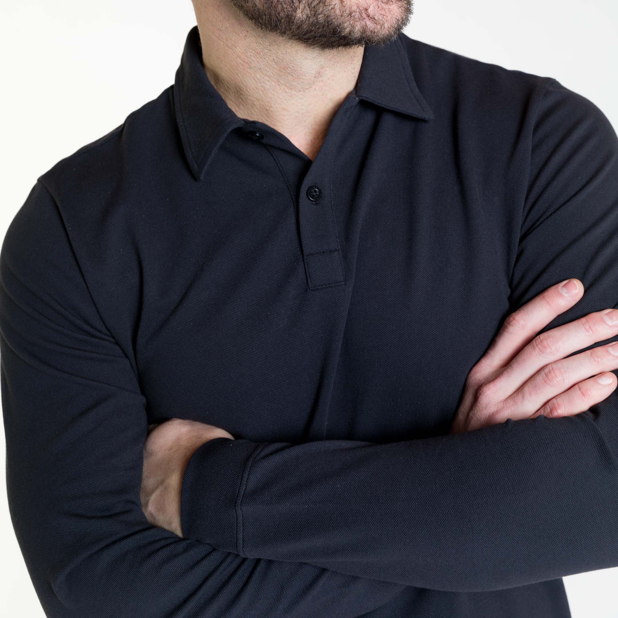 Buy Black Pique Long Sleeve Polo Shirt for Short Men | Ash & Erie Black / XS Buy Black Pique Long Sleeve Polo Shirt for Short Men | Ash & Erie Black / XS