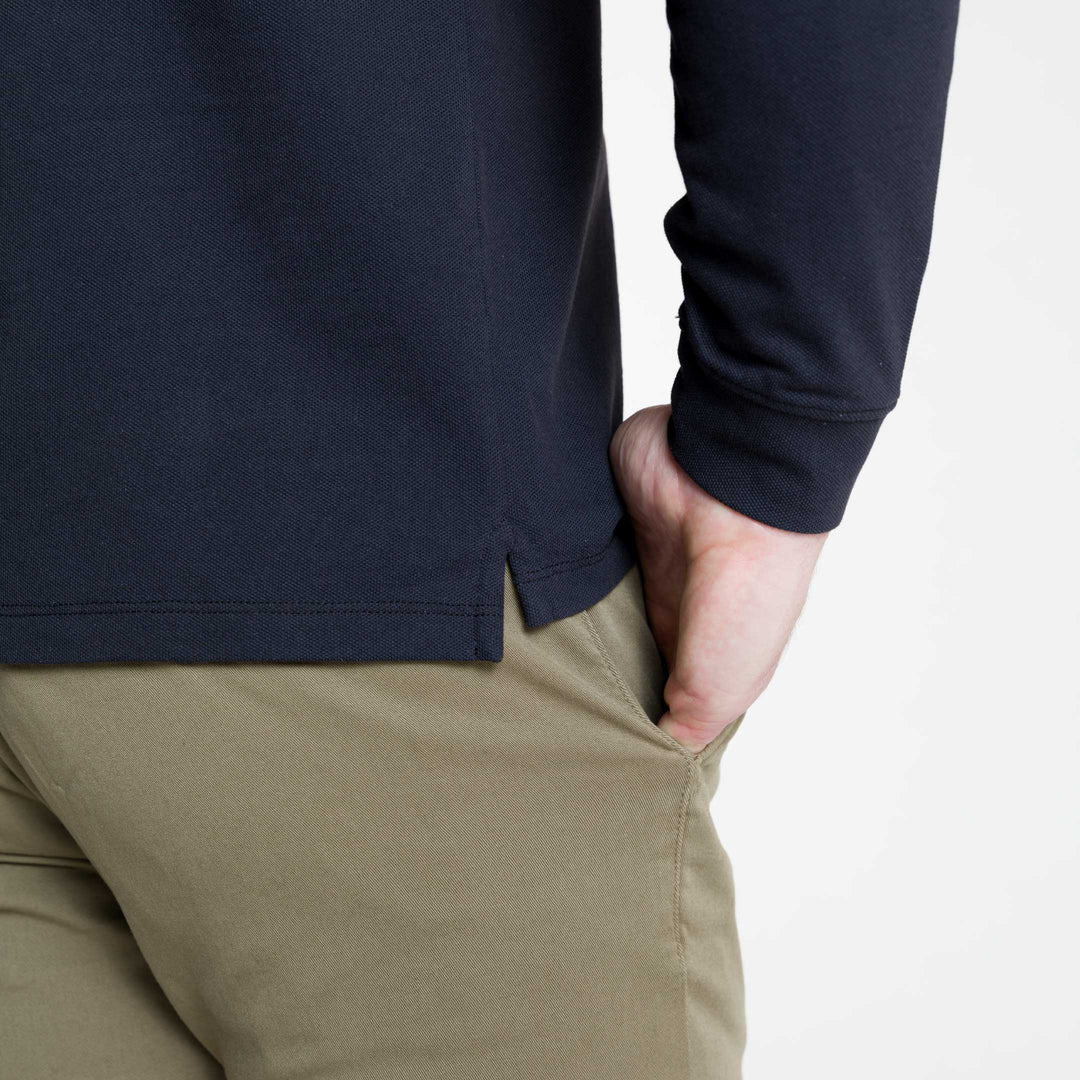 Buy Black Pique Long Sleeve Polo Shirt for Short Men | Ash & Erie   Long Sleeve Polos