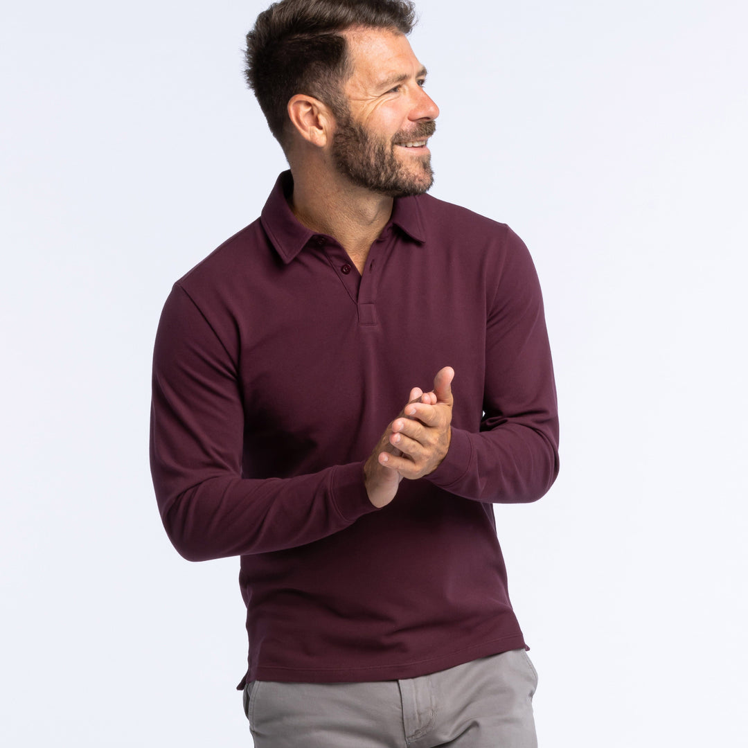 Buy Burgundy Pique Long Sleeve Polo Shirt for Short Men | Ash & Erie   Long Sleeve Polos