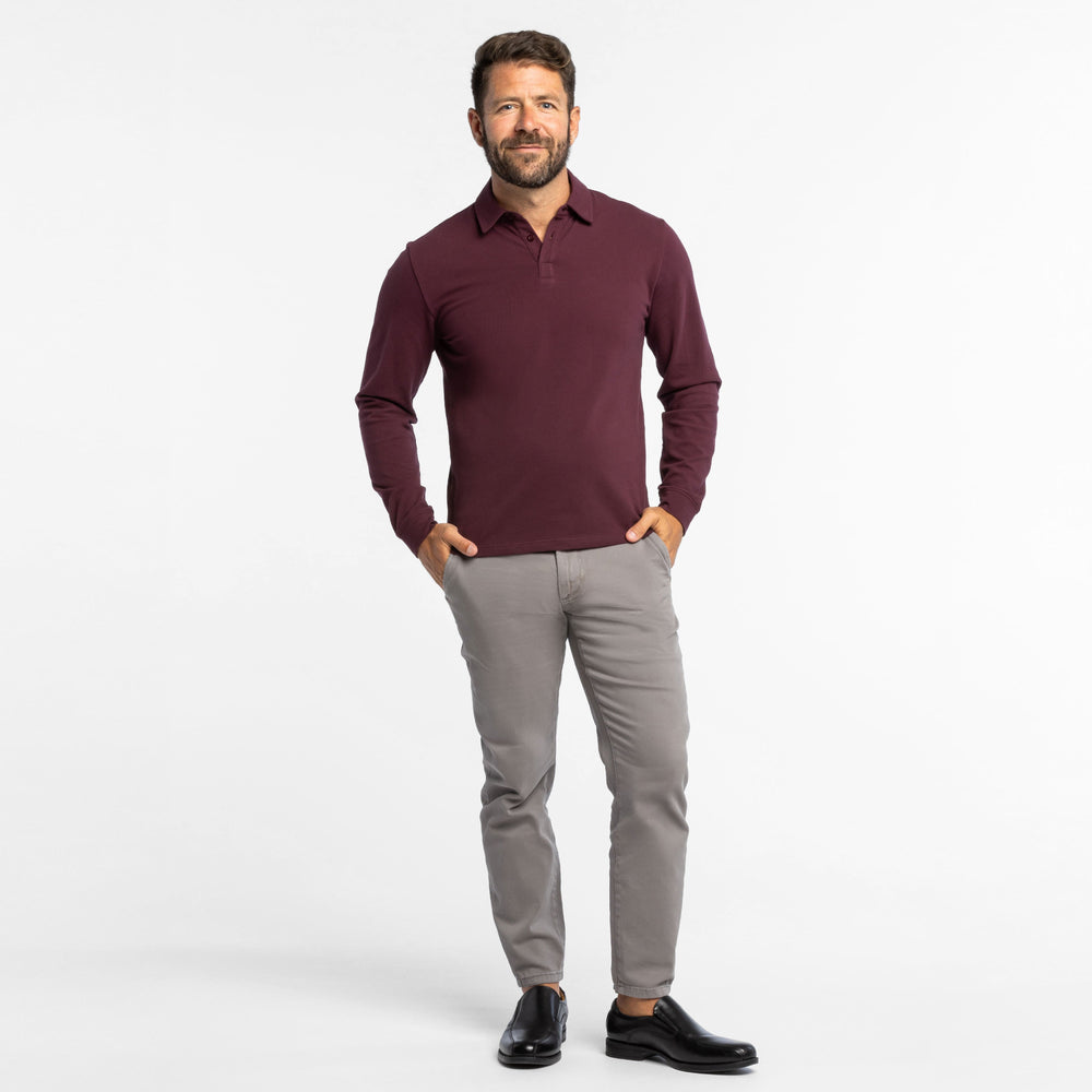 Buy Burgundy Pique Long Sleeve Polo Shirt for Short Men | Ash & Erie   Long Sleeve Polos