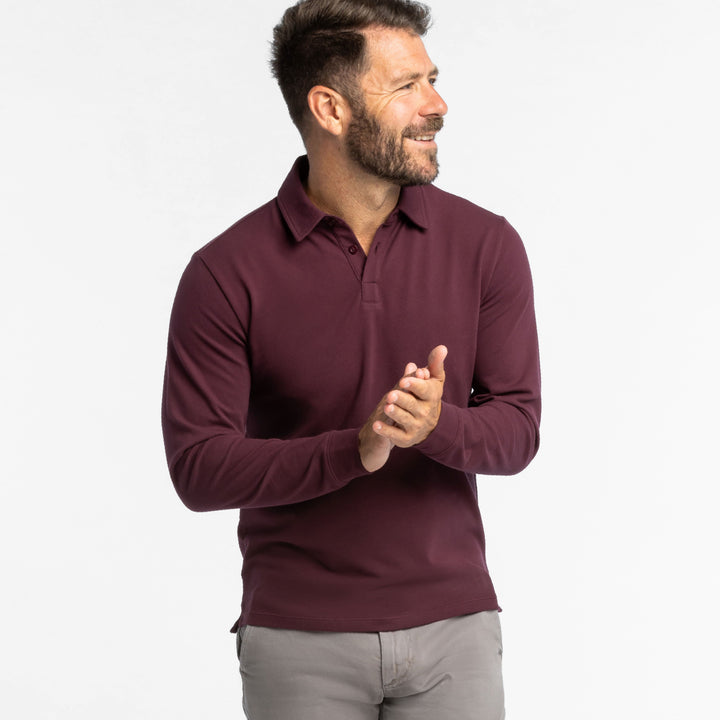 Buy Burgundy Pique Long Sleeve Polo Shirt for Short Men | Ash & Erie   Long Sleeve Polos