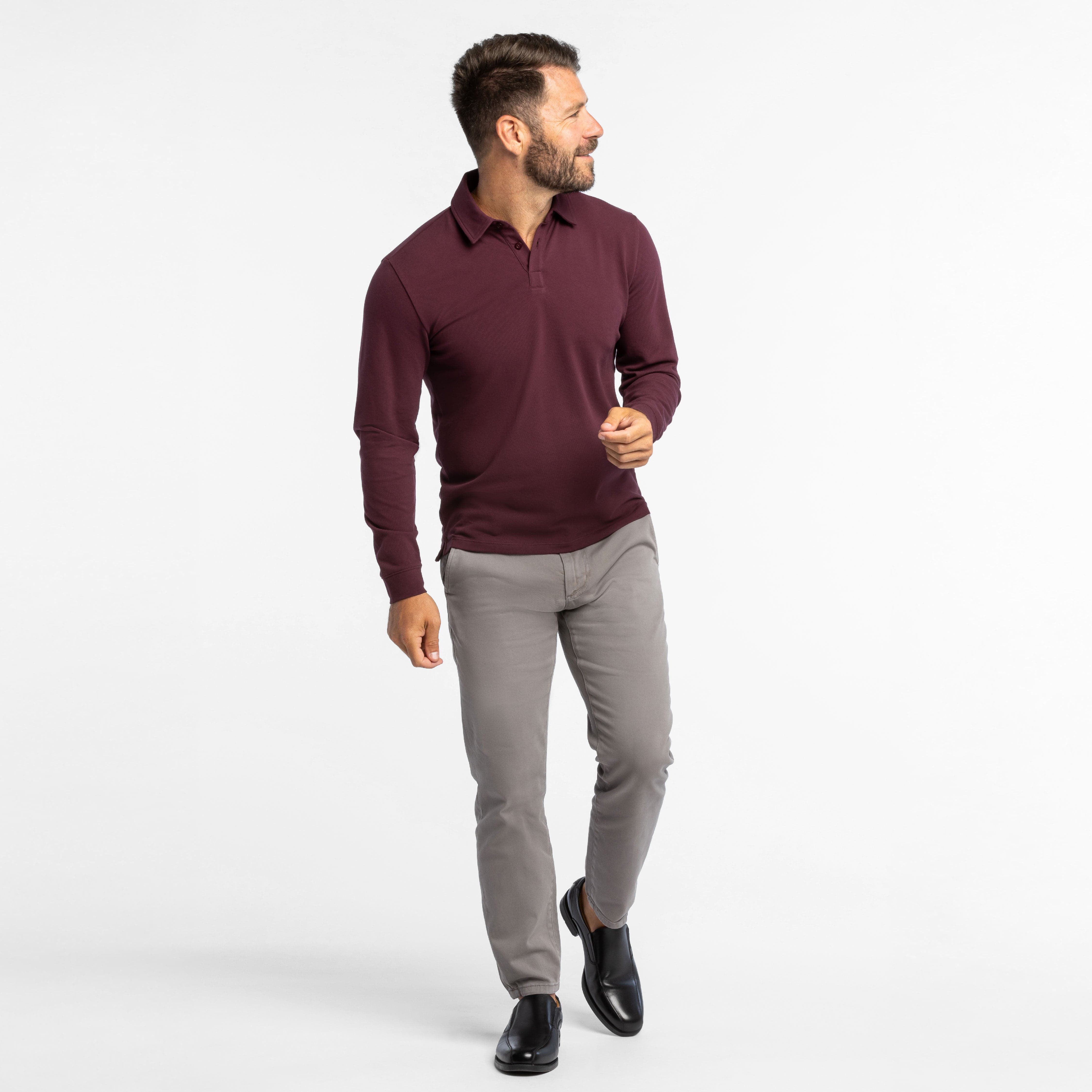 Buy Burgundy Pique Long Sleeve Polo Shirt for Short Men | Ash & Erie Burgundy / S Buy Burgundy Pique Long Sleeve Polo Shirt for Short Men | Ash & Erie Burgundy / S