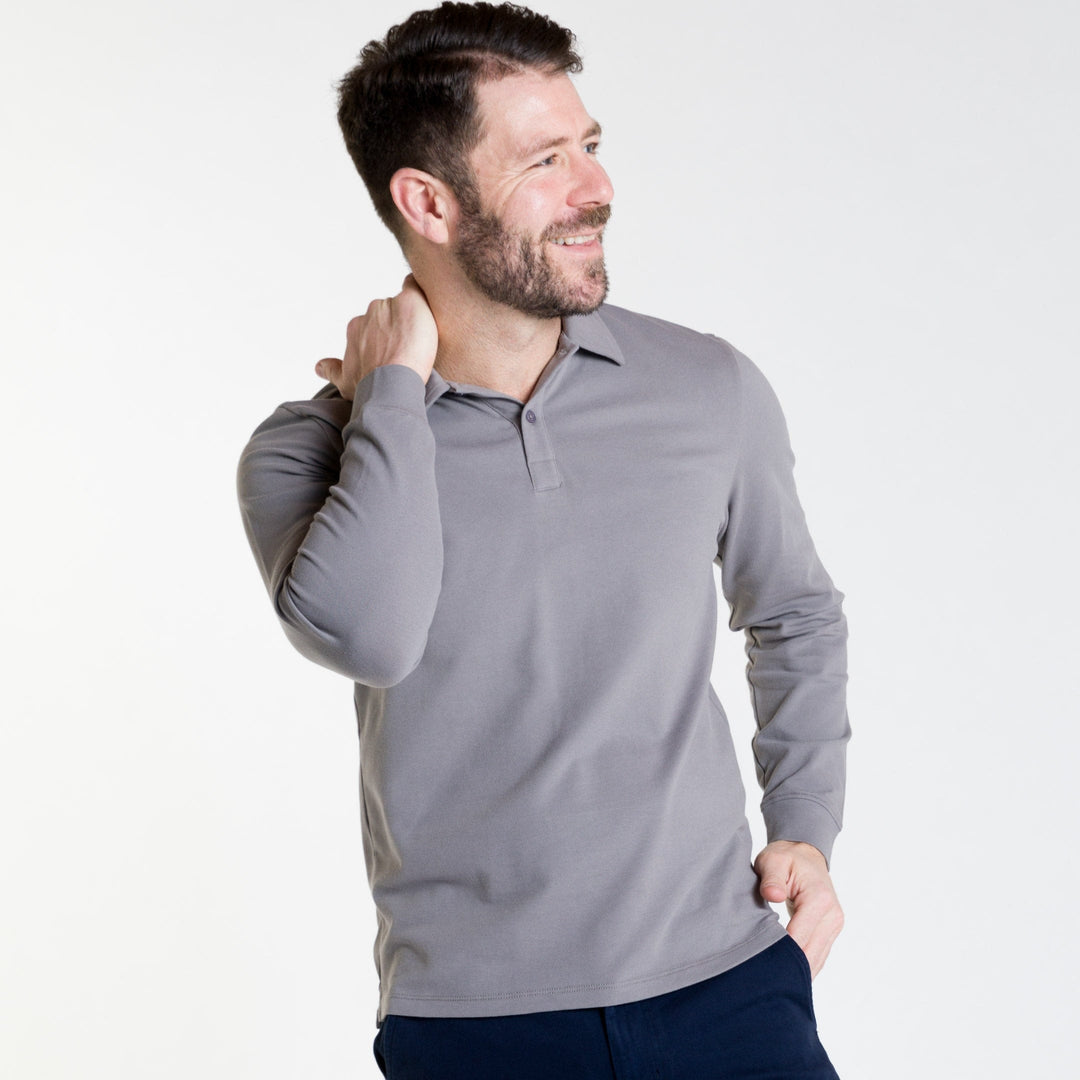 Buy Grey Pique Long Sleeve Polo Shirt for Short Men | Ash & Erie   Long Sleeve Polos