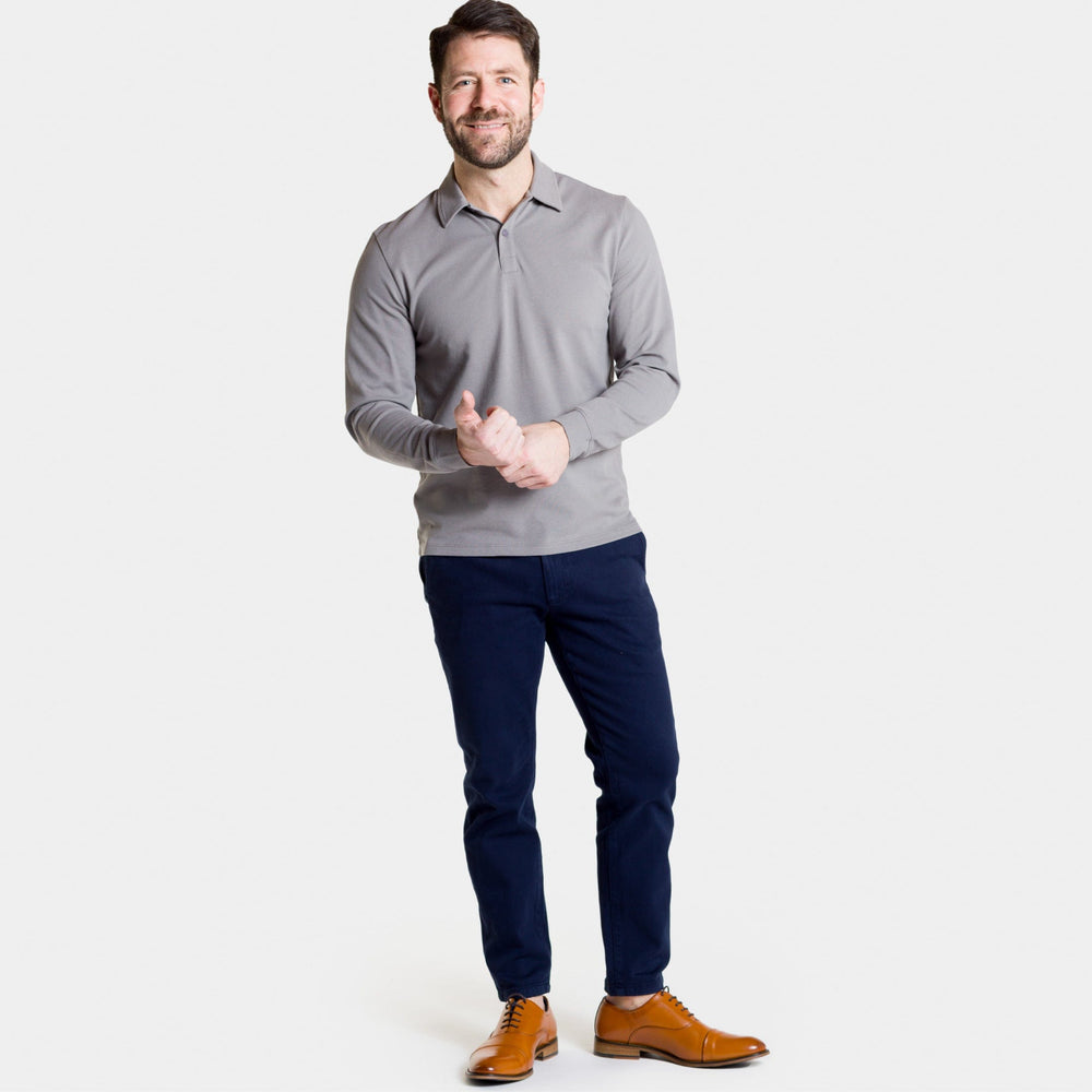 Buy Grey Pique Long Sleeve Polo Shirt for Short Men | Ash & Erie   Long Sleeve Polos