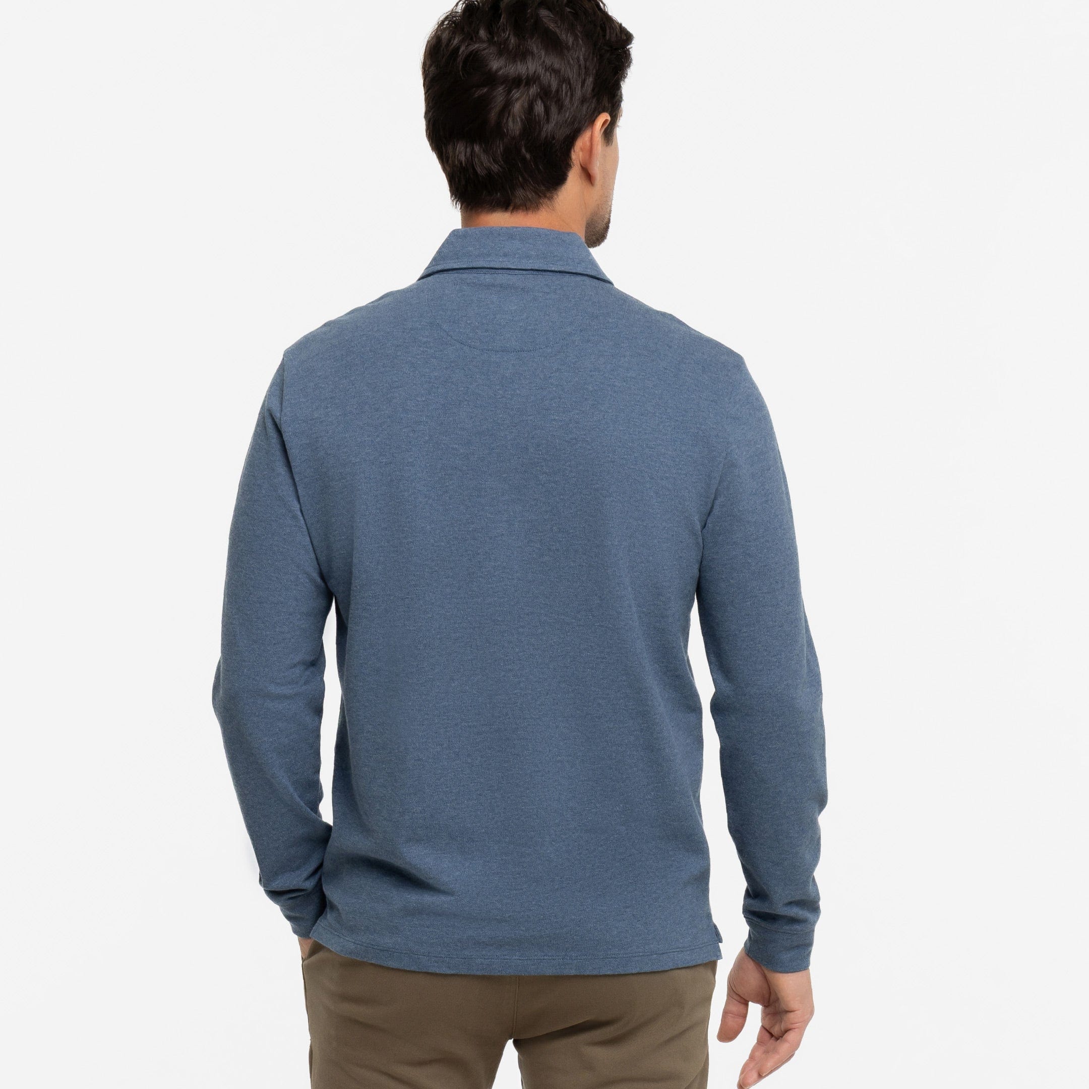 Buy Heather Blue Pique Long Sleeve Polo Shirt for Short Men | Ash & Erie   Long Sleeve Polos
