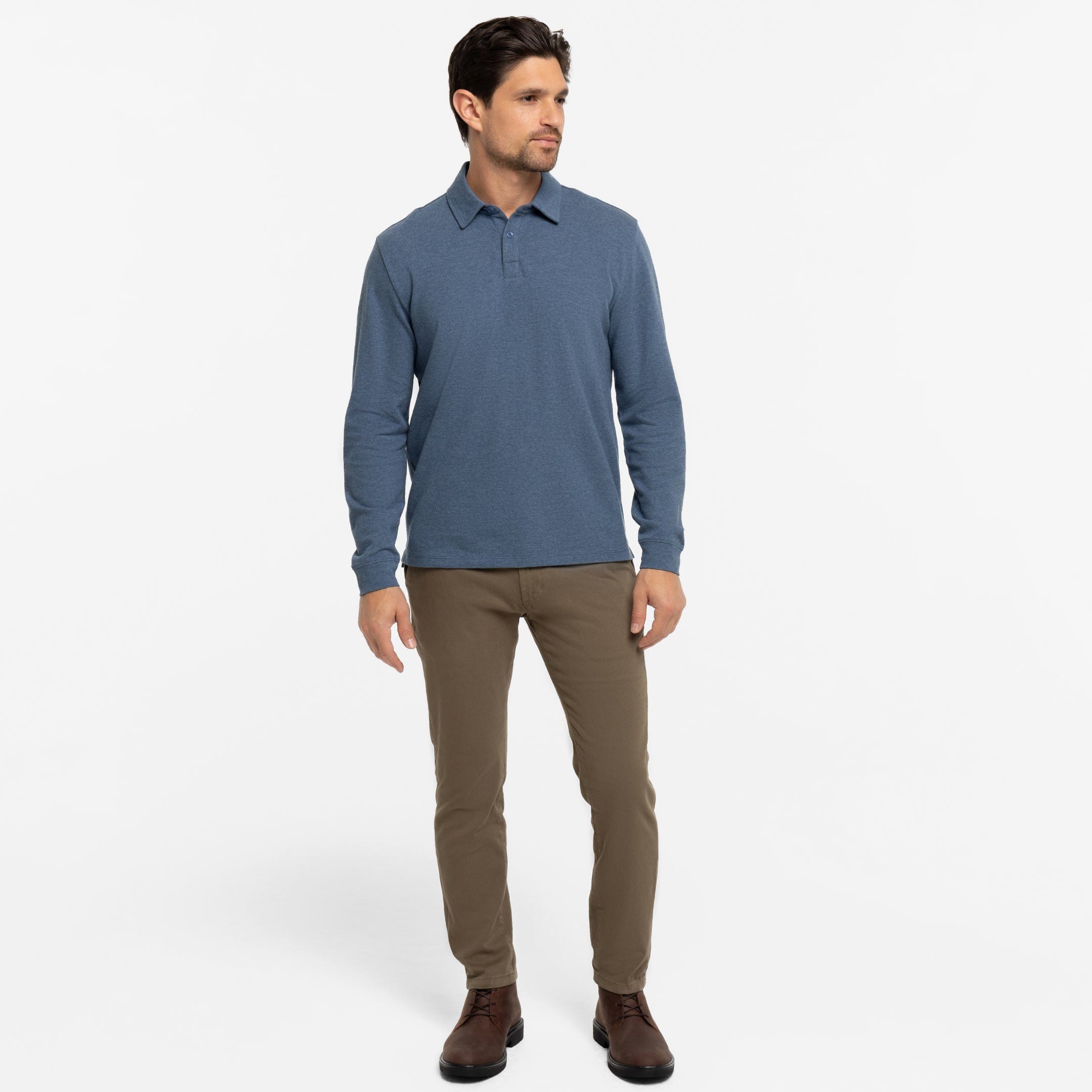 Buy Heather Blue Pique Long Sleeve Polo Shirt for Short Men | Ash & Erie   Long Sleeve Polos
