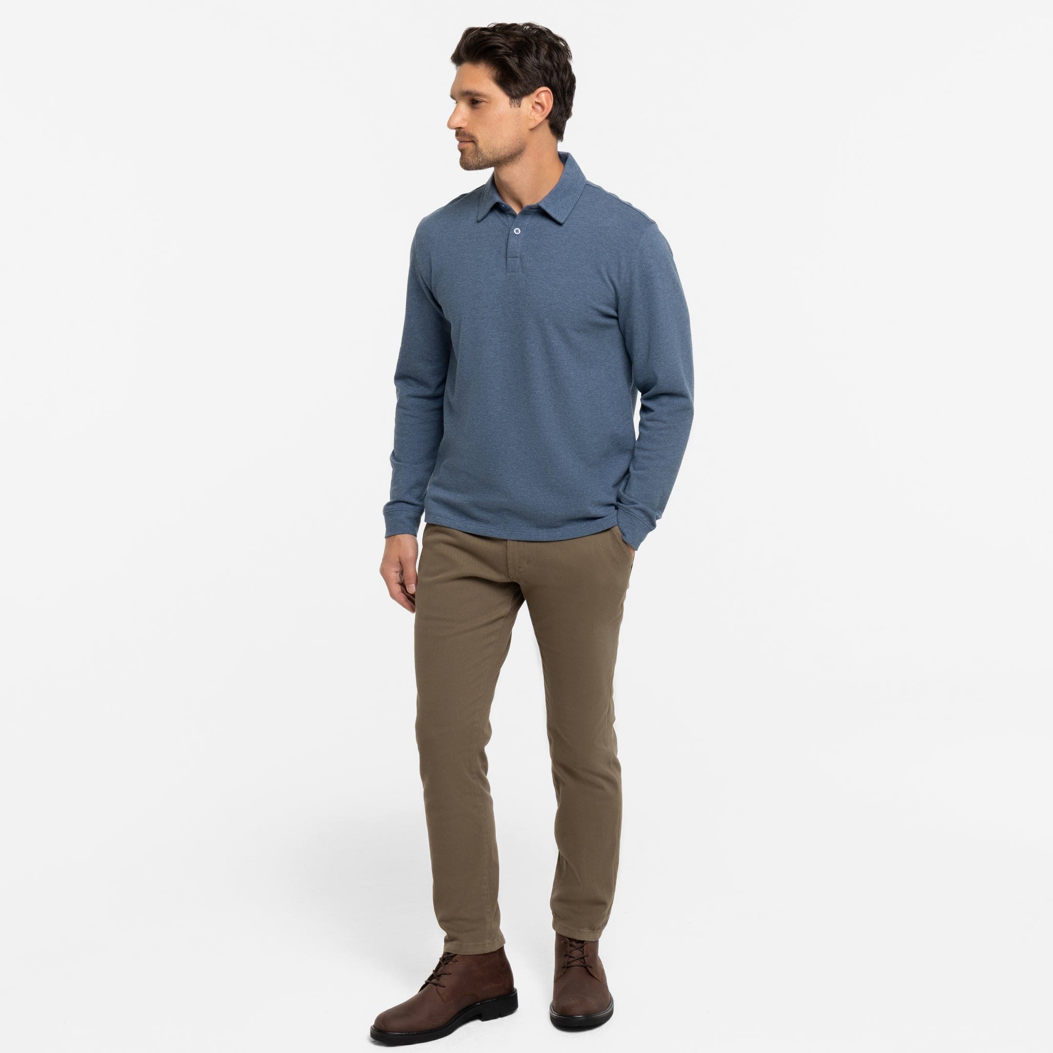 Buy Heather Blue Pique Long Sleeve Polo Shirt for Short Men | Ash & Erie   Long Sleeve Polos