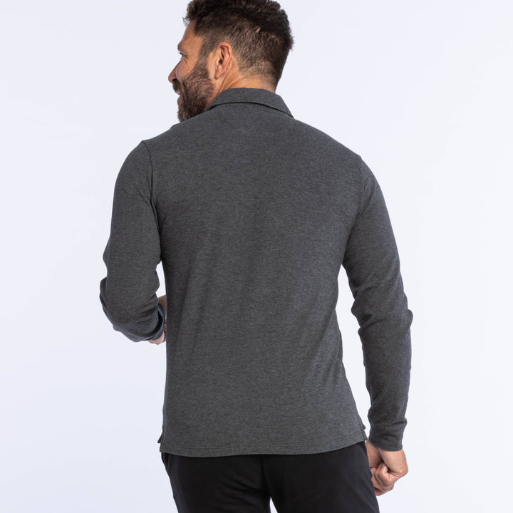 Buy Heather Charcoal Pique Long Sleeve Polo Shirt for Short Men | Ash & Erie   Long Sleeve Polos