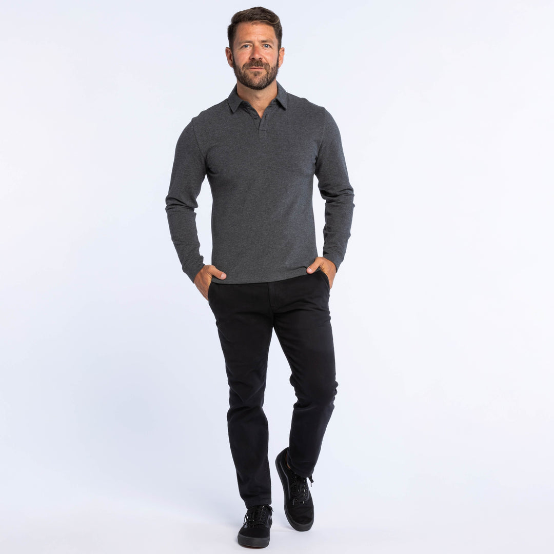 Buy Heather Charcoal Pique Long Sleeve Polo Shirt for Short Men | Ash & Erie   Long Sleeve Polos