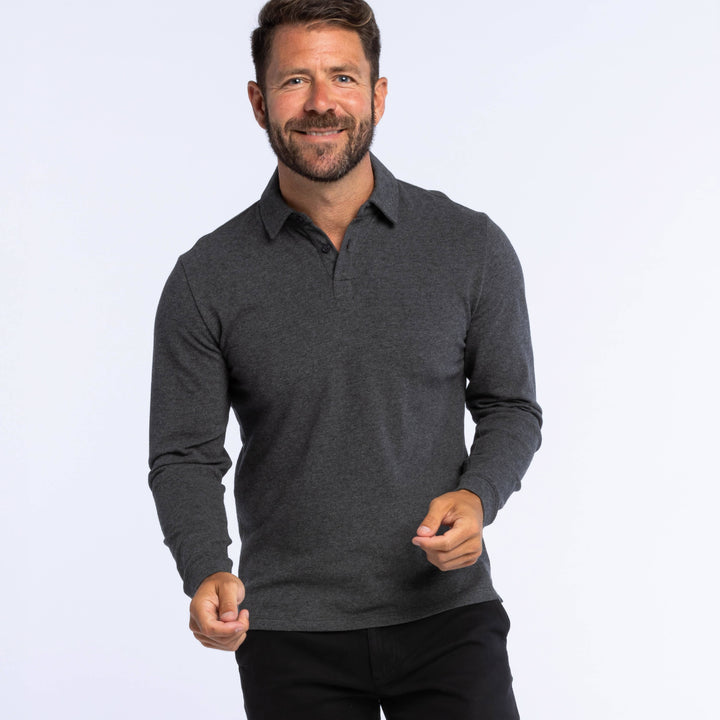 Buy Heather Charcoal Pique Long Sleeve Polo Shirt for Short Men | Ash & Erie   Long Sleeve Polos