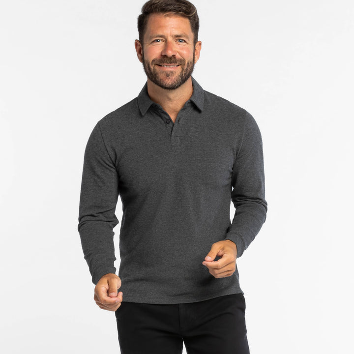 Buy Heather Charcoal Pique Long Sleeve Polo Shirt for Short Men | Ash & Erie   Long Sleeve Polos