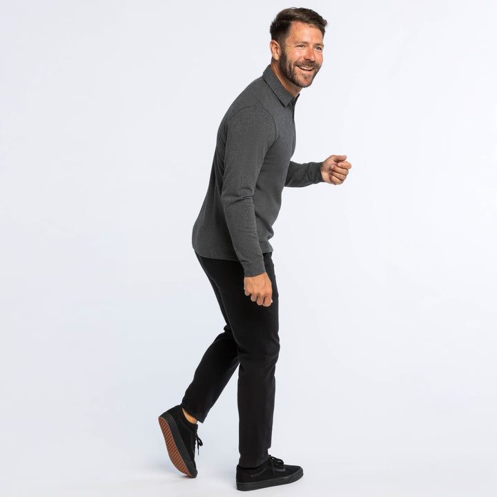 Buy Heather Charcoal Pique Long Sleeve Polo Shirt for Short Men | Ash & Erie   Long Sleeve Polos