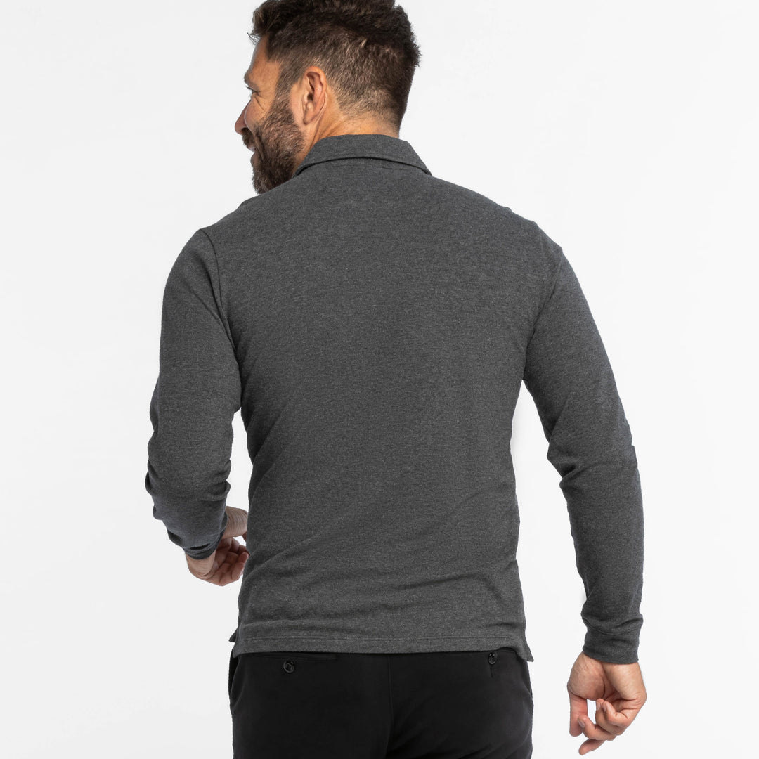 Buy Heather Charcoal Pique Long Sleeve Polo Shirt for Short Men | Ash & Erie   Long Sleeve Polos