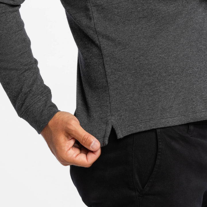 Buy Heather Charcoal Pique Long Sleeve Polo Shirt for Short Men | Ash & Erie   Long Sleeve Polos