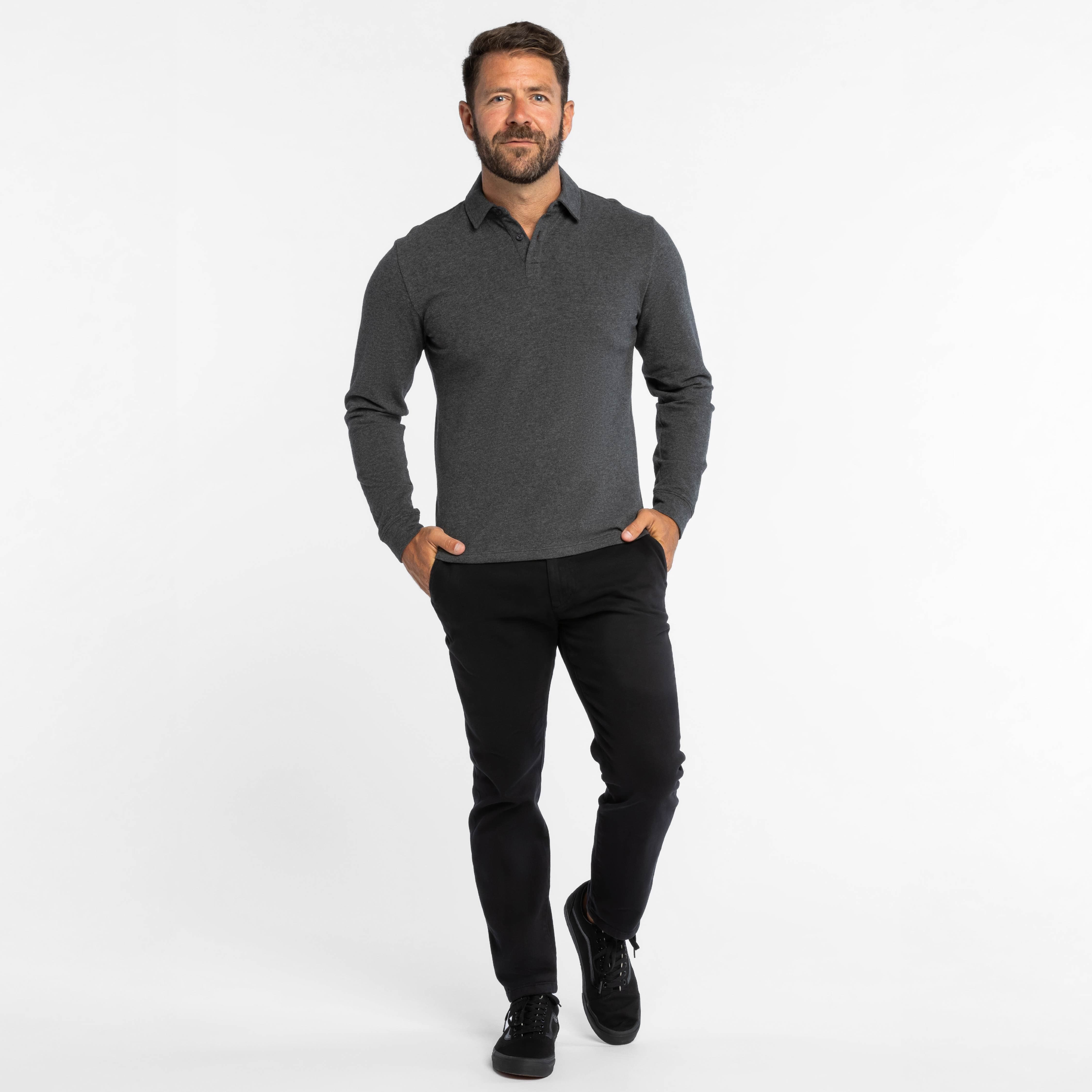 Buy Heather Charcoal Pique Long Sleeve Polo Shirt for Short Men | Ash & Erie Heather Charcoal / XS Buy Heather Charcoal Pique Long Sleeve Polo Shirt for Short Men | Ash & Erie Heather Charcoal / XS