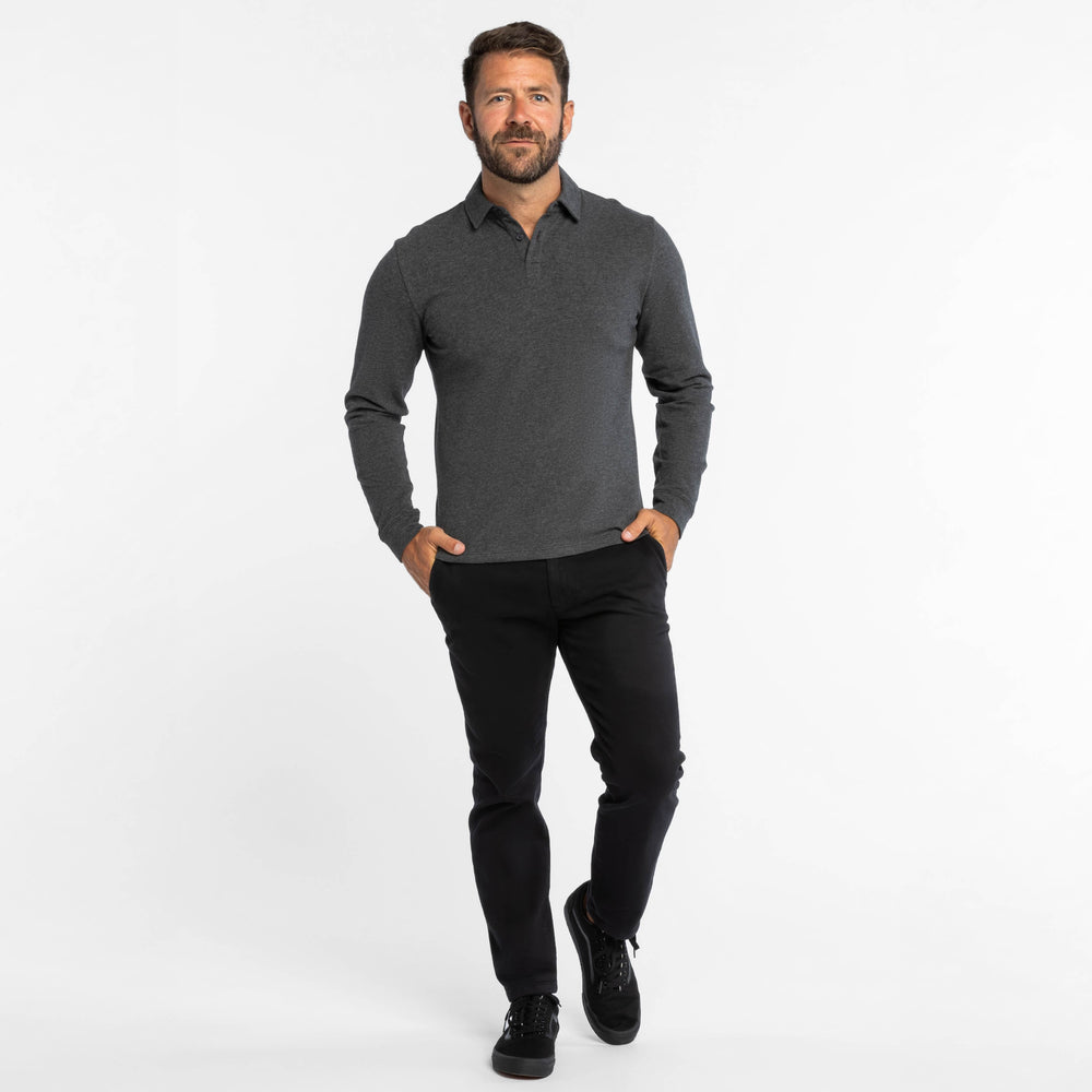 Buy Heather Charcoal Pique Long Sleeve Polo Shirt for Short Men | Ash & Erie   Long Sleeve Polos