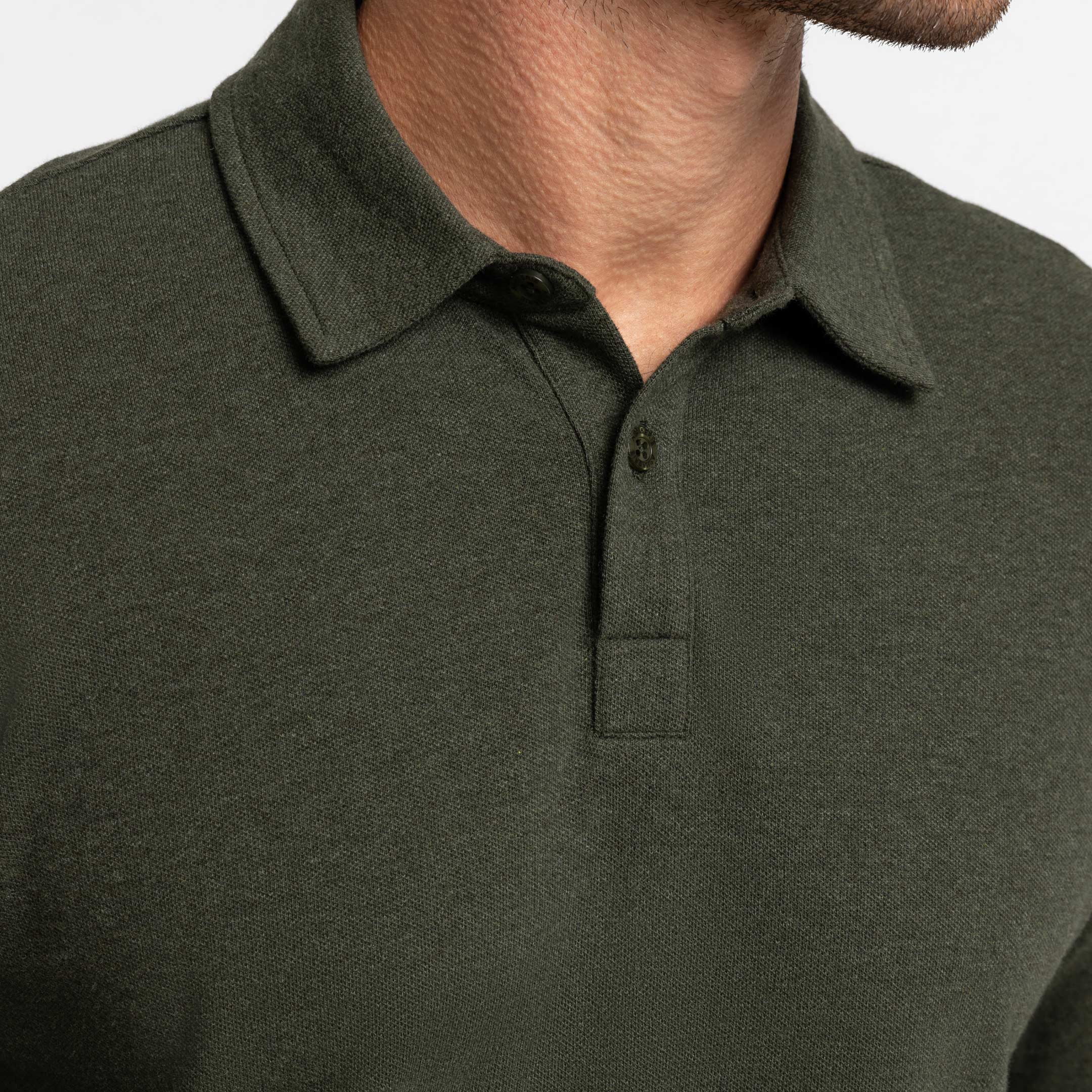 Buy Heather Green Pique Long Sleeve Polo Shirt for Short Men | Ash & Erie   Long Sleeve Polos