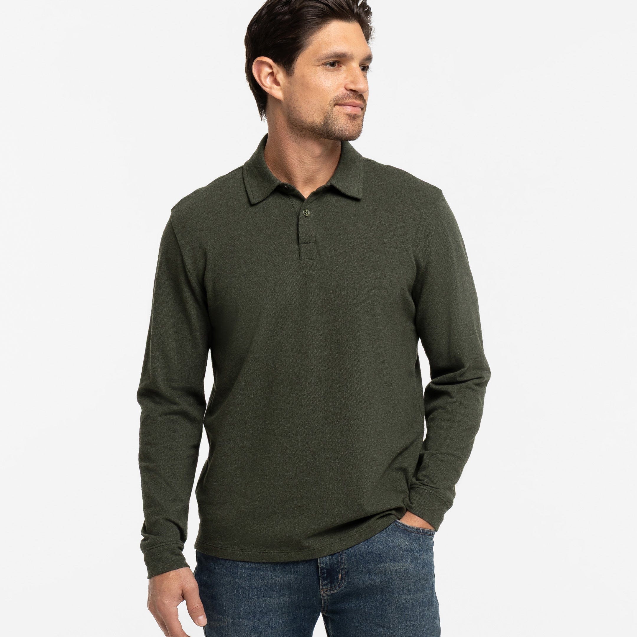 Buy Heather Green Pique Long Sleeve Polo Shirt for Short Men | Ash & Erie   Long Sleeve Polos