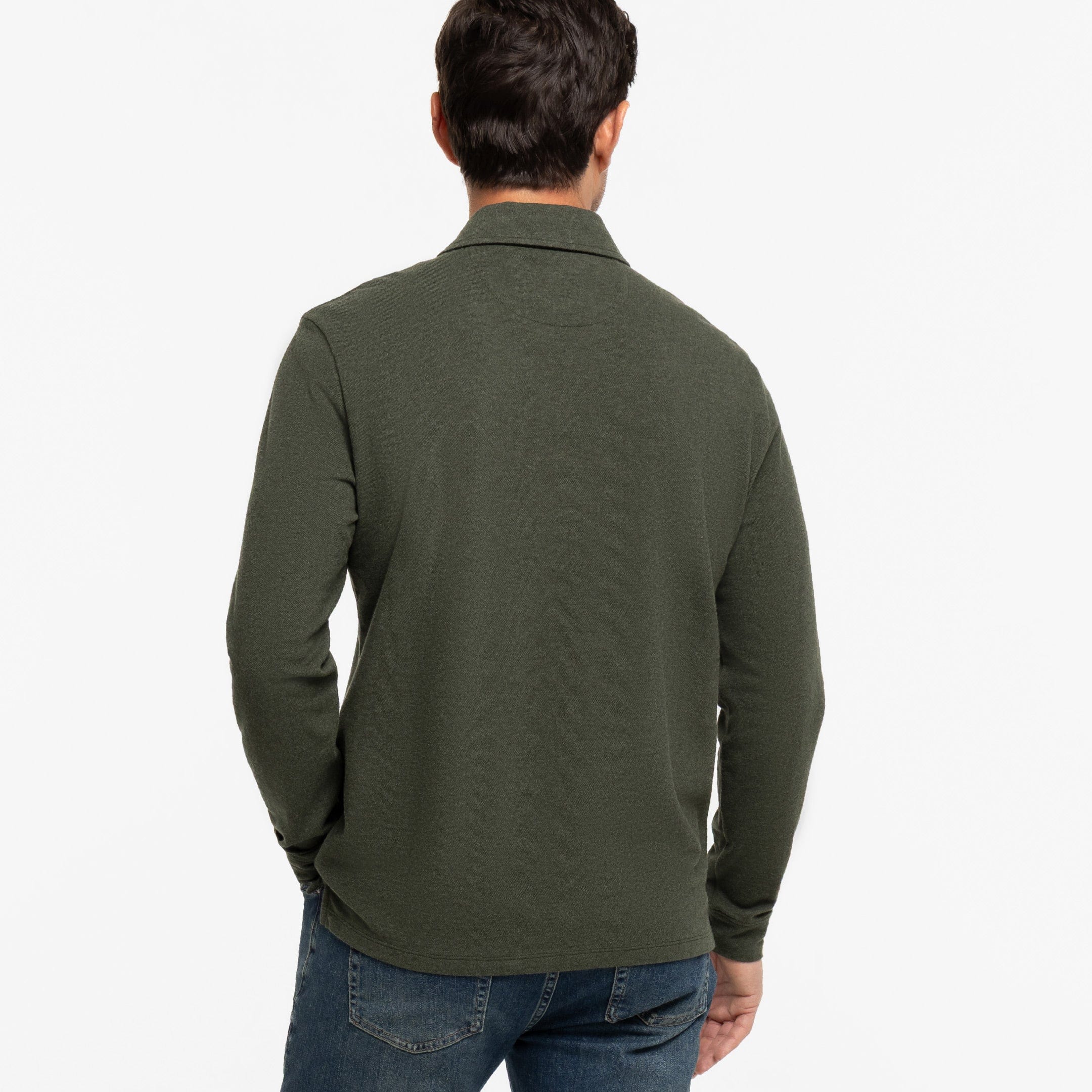 Buy Heather Green Pique Long Sleeve Polo Shirt for Short Men | Ash & Erie   Long Sleeve Polos