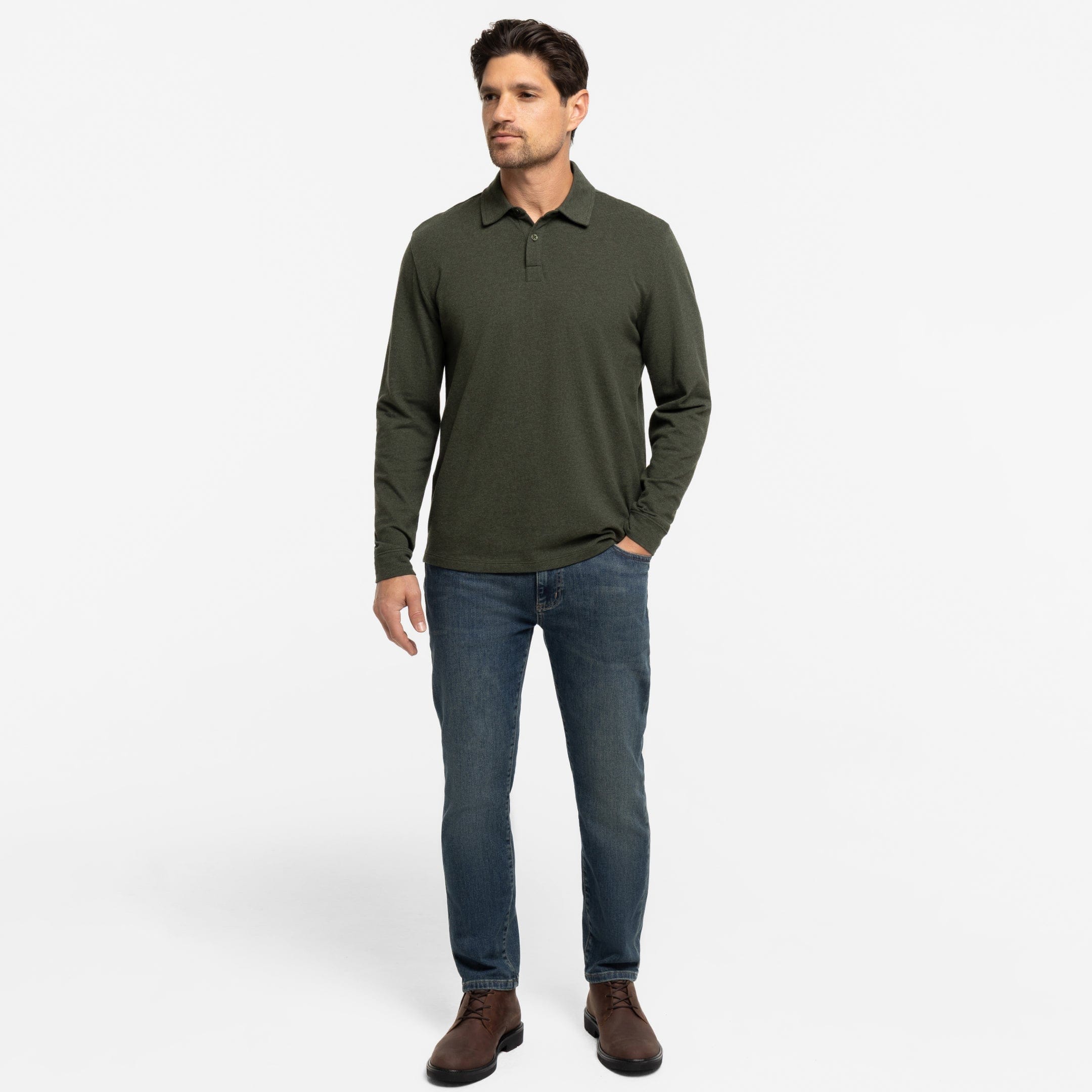 Buy Heather Green Pique Long Sleeve Polo Shirt for Short Men | Ash & Erie   Long Sleeve Polos