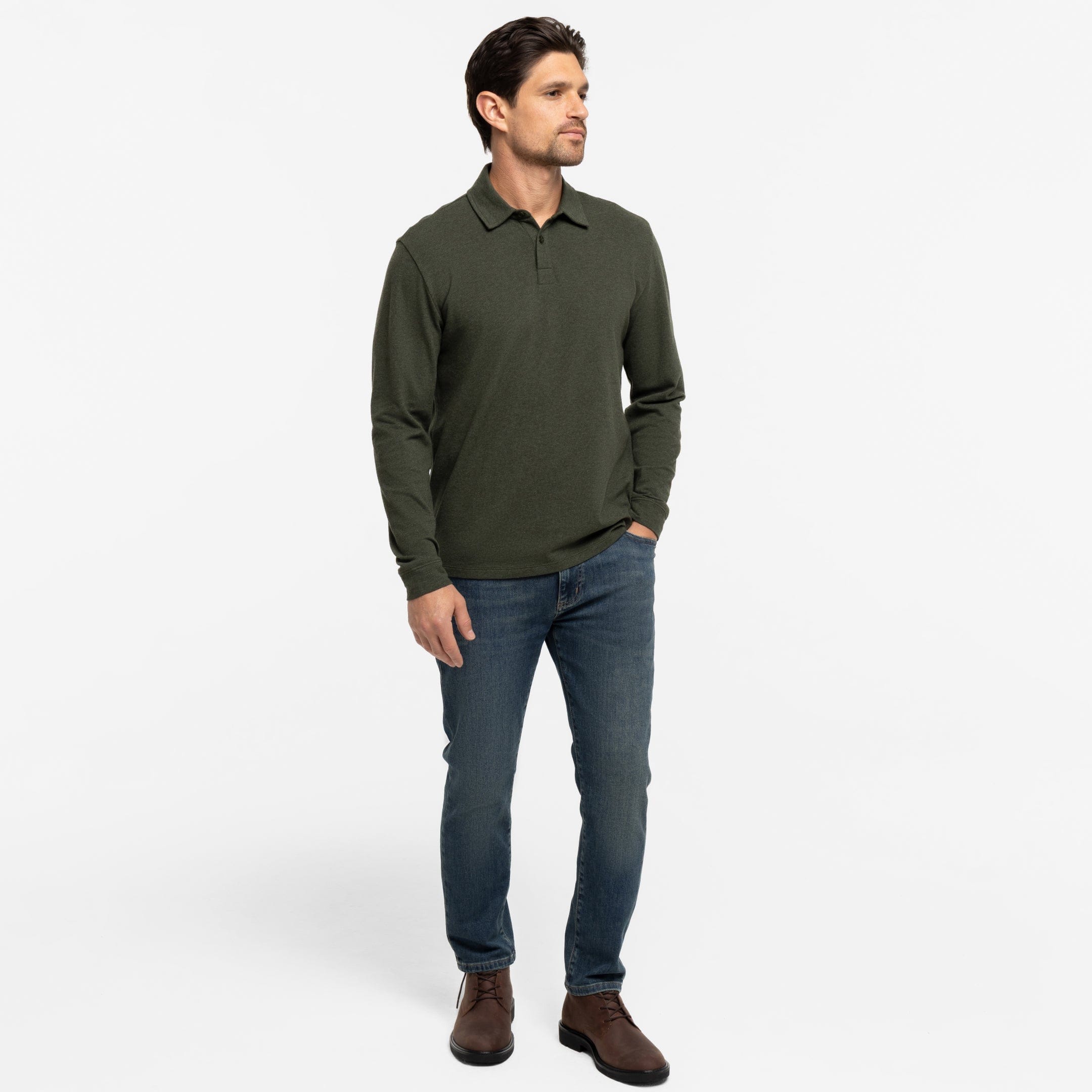Buy Heather Green Pique Long Sleeve Polo Shirt for Short Men | Ash & Erie   Long Sleeve Polos