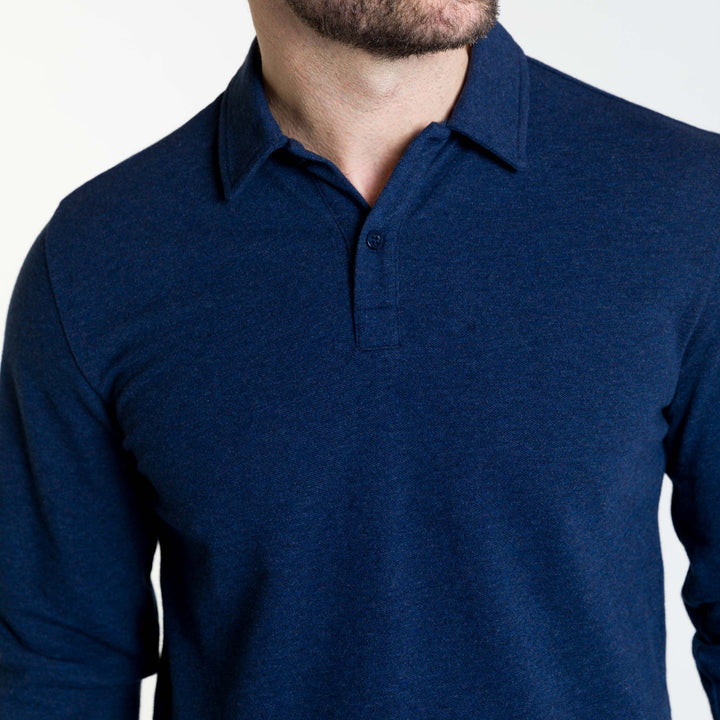 Buy Heather Navy Pique Long Sleeve Polo Shirt for Short Men | Ash & Erie   Long Sleeve Polos