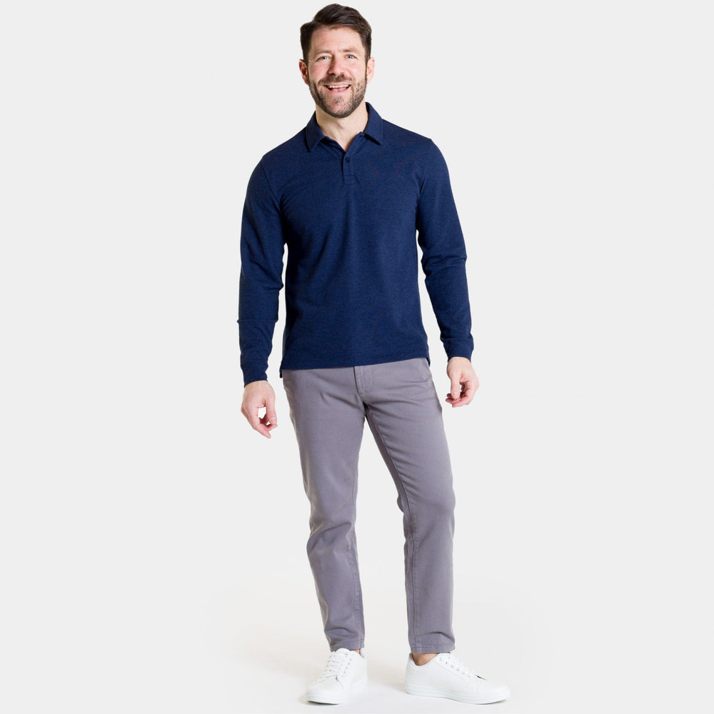 Buy Heather Navy Pique Long Sleeve Polo Shirt for Short Men | Ash & Erie   Long Sleeve Polos