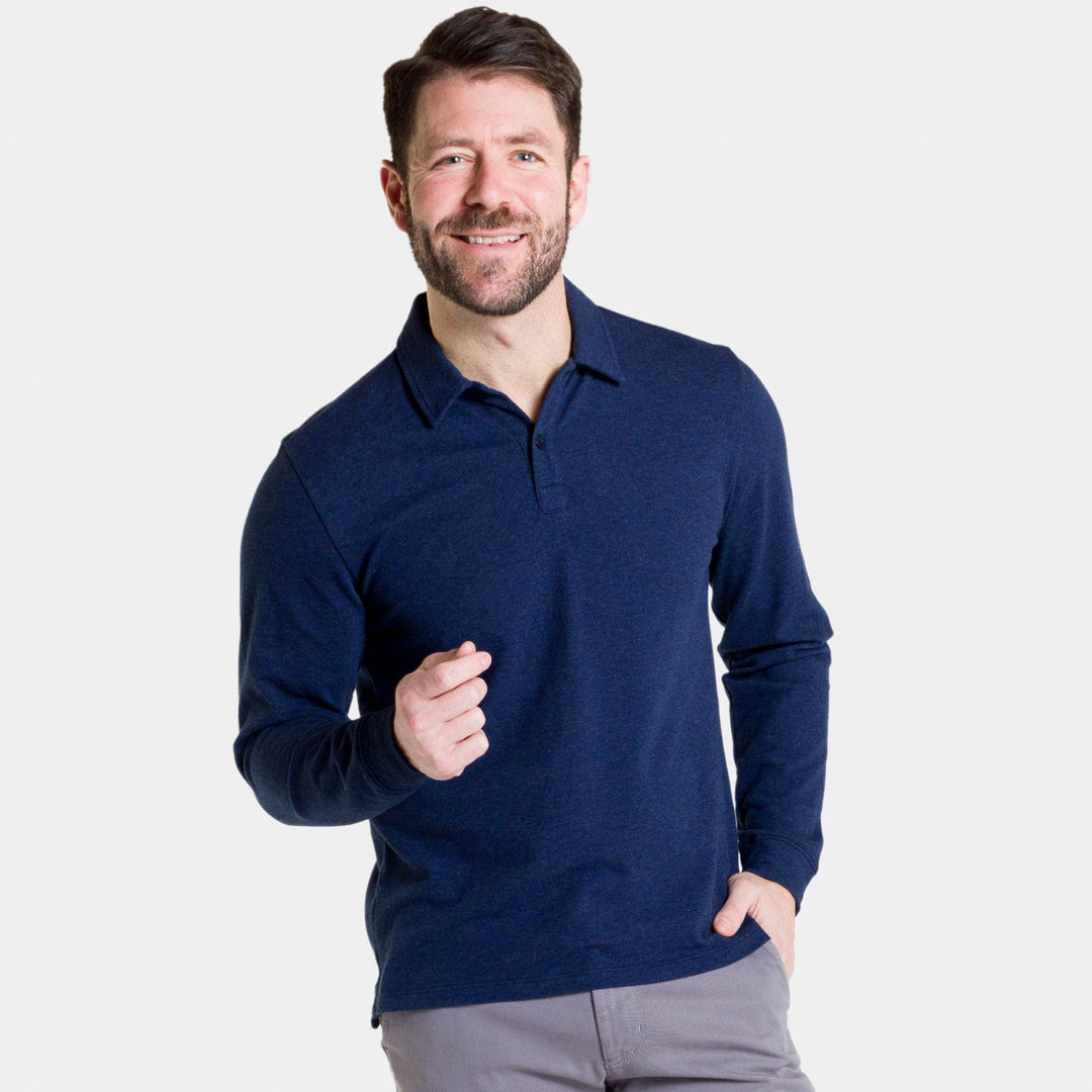 Buy Heather Navy Pique Long Sleeve Polo Shirt for Short Men | Ash & Erie Buy Heather Navy Pique Long Sleeve Polo Shirt for Short Men | Ash & Erie