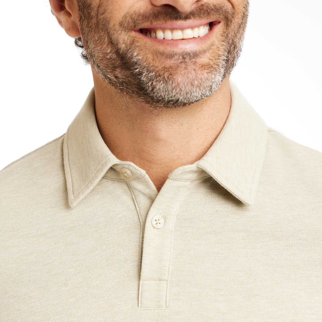Buy Heather Oat Pique Long Sleeve Polo Shirt for Short Men | Ash & Erie   Long Sleeve Polos