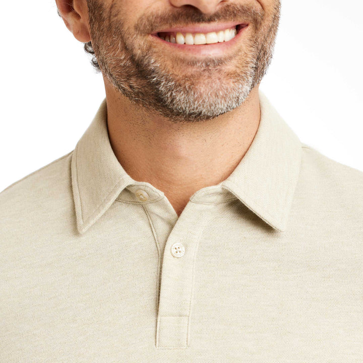 Buy Heather Oat Pique Long Sleeve Polo Shirt for Short Men | Ash & Erie   Long Sleeve Polos