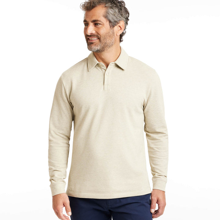 Buy Heather Oat Pique Long Sleeve Polo Shirt for Short Men | Ash & Erie   Long Sleeve Polos
