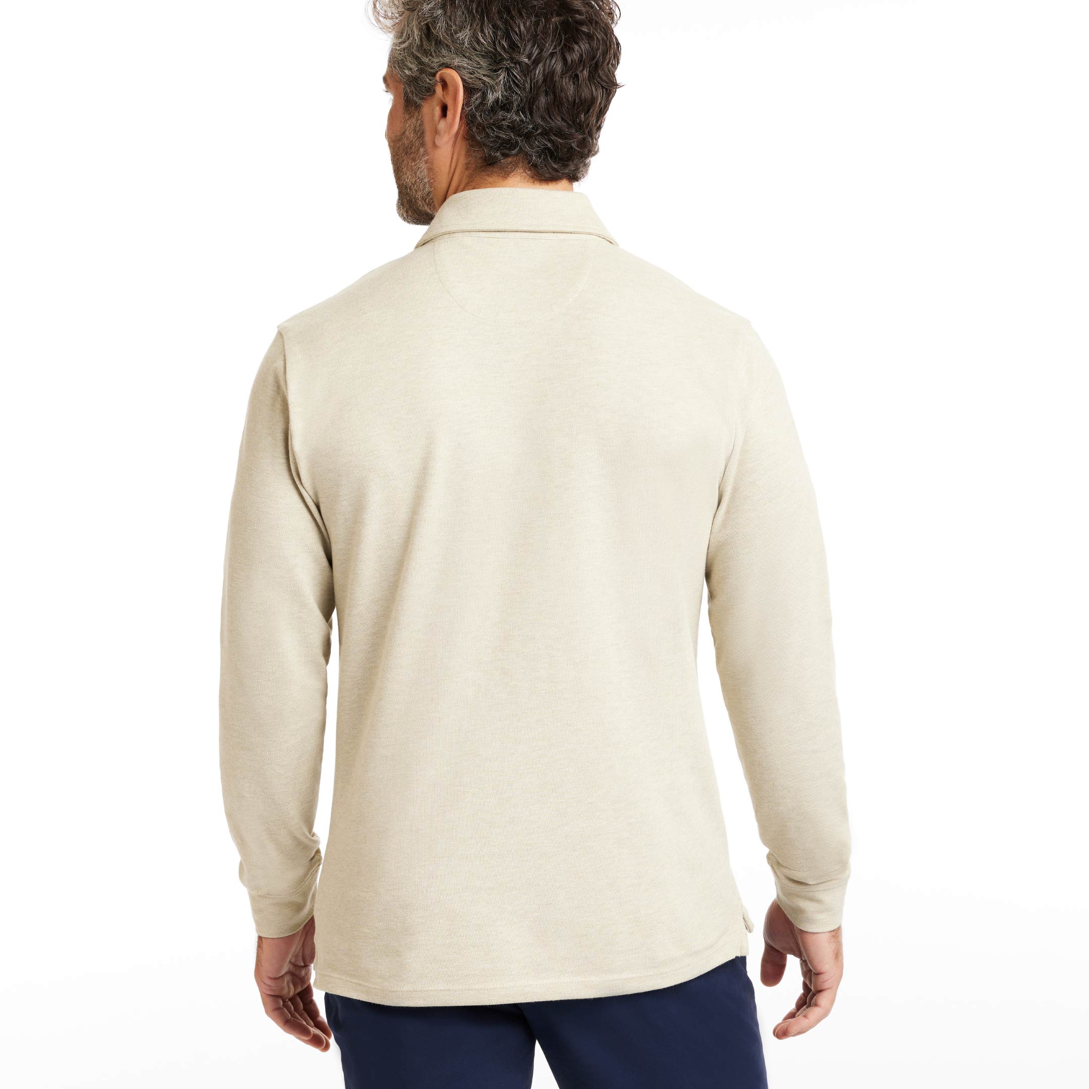 Buy Heather Oat Pique Long Sleeve Polo Shirt for Short Men | Ash & Erie   Long Sleeve Polos