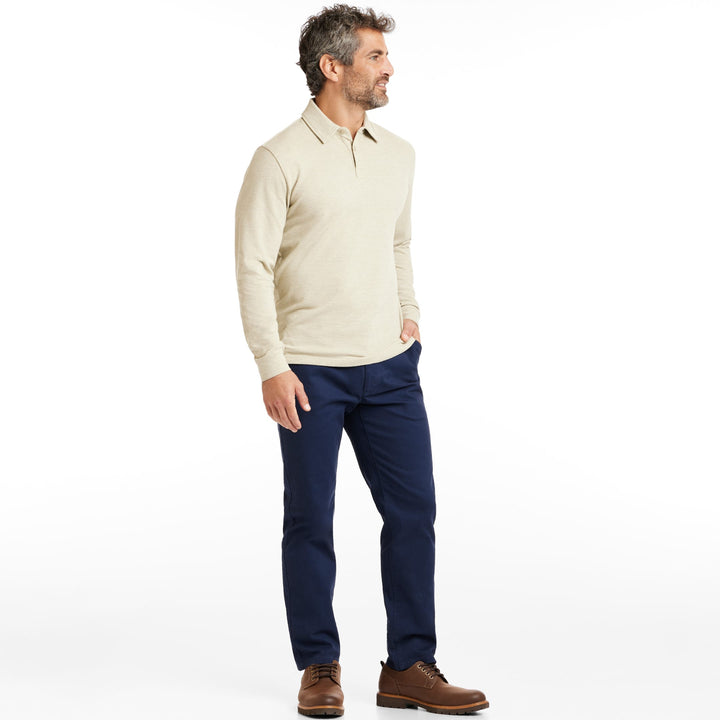 Buy Heather Oat Pique Long Sleeve Polo Shirt for Short Men | Ash & Erie   Long Sleeve Polos