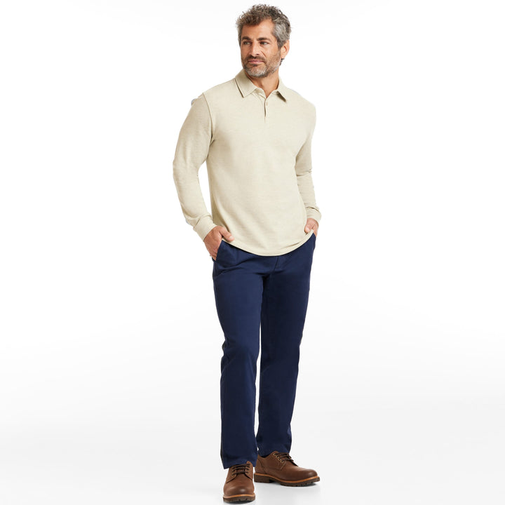 Buy Heather Oat Pique Long Sleeve Polo Shirt for Short Men | Ash & Erie   Long Sleeve Polos
