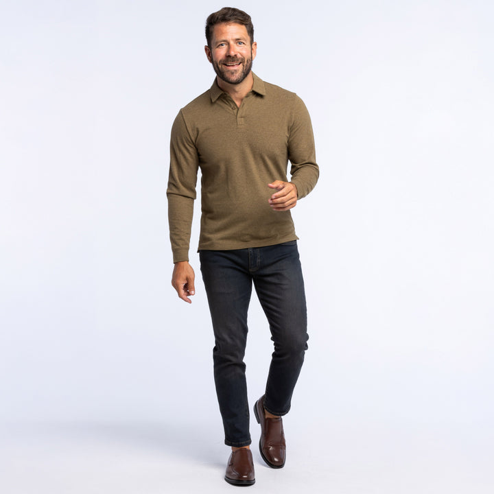 Buy Heather Olive Pique Long Sleeve Polo Shirt for Short Men | Ash & Erie   Long Sleeve Polos