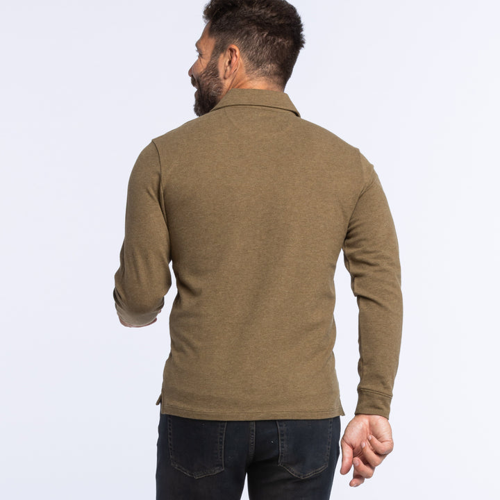 Buy Heather Olive Pique Long Sleeve Polo Shirt for Short Men | Ash & Erie   Long Sleeve Polos