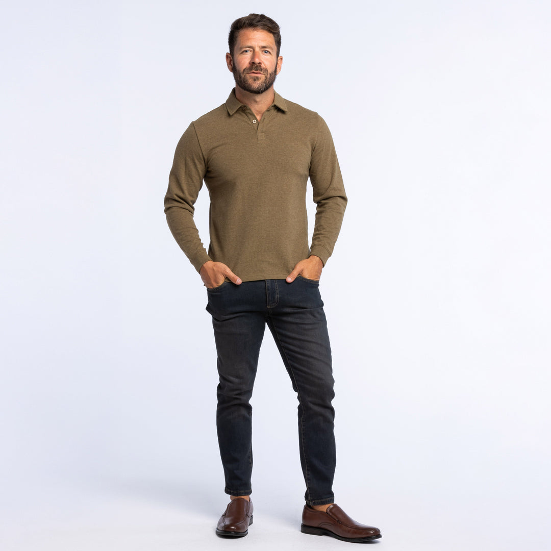 Buy Heather Olive Pique Long Sleeve Polo Shirt for Short Men | Ash & Erie   Long Sleeve Polos