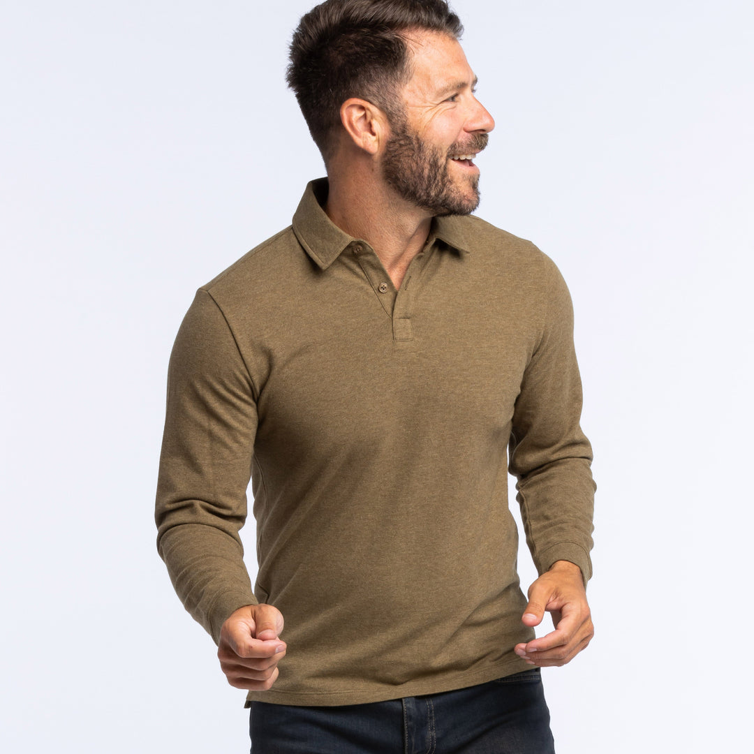 Buy Heather Olive Pique Long Sleeve Polo Shirt for Short Men | Ash & Erie   Long Sleeve Polos