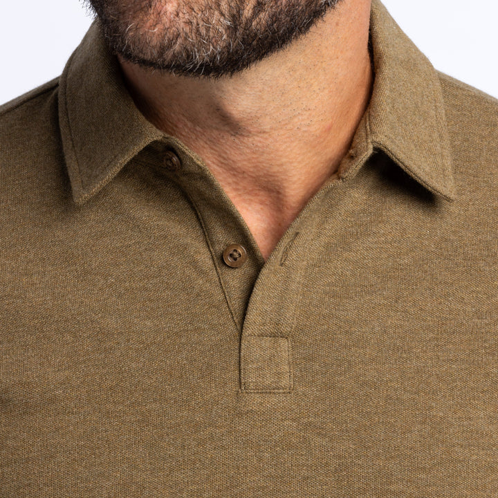 Buy Heather Olive Pique Long Sleeve Polo Shirt for Short Men | Ash & Erie   Long Sleeve Polos