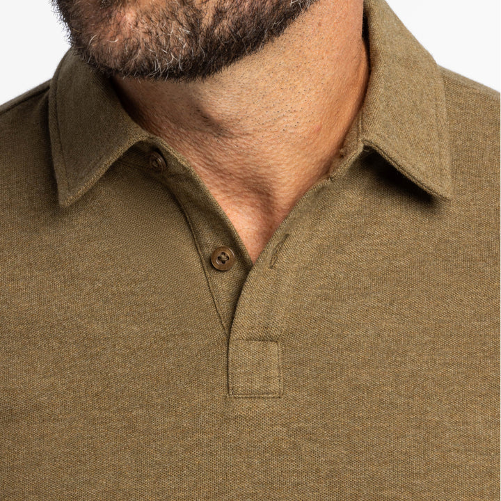 Buy Heather Olive Pique Long Sleeve Polo Shirt for Short Men | Ash & Erie   Long Sleeve Polos