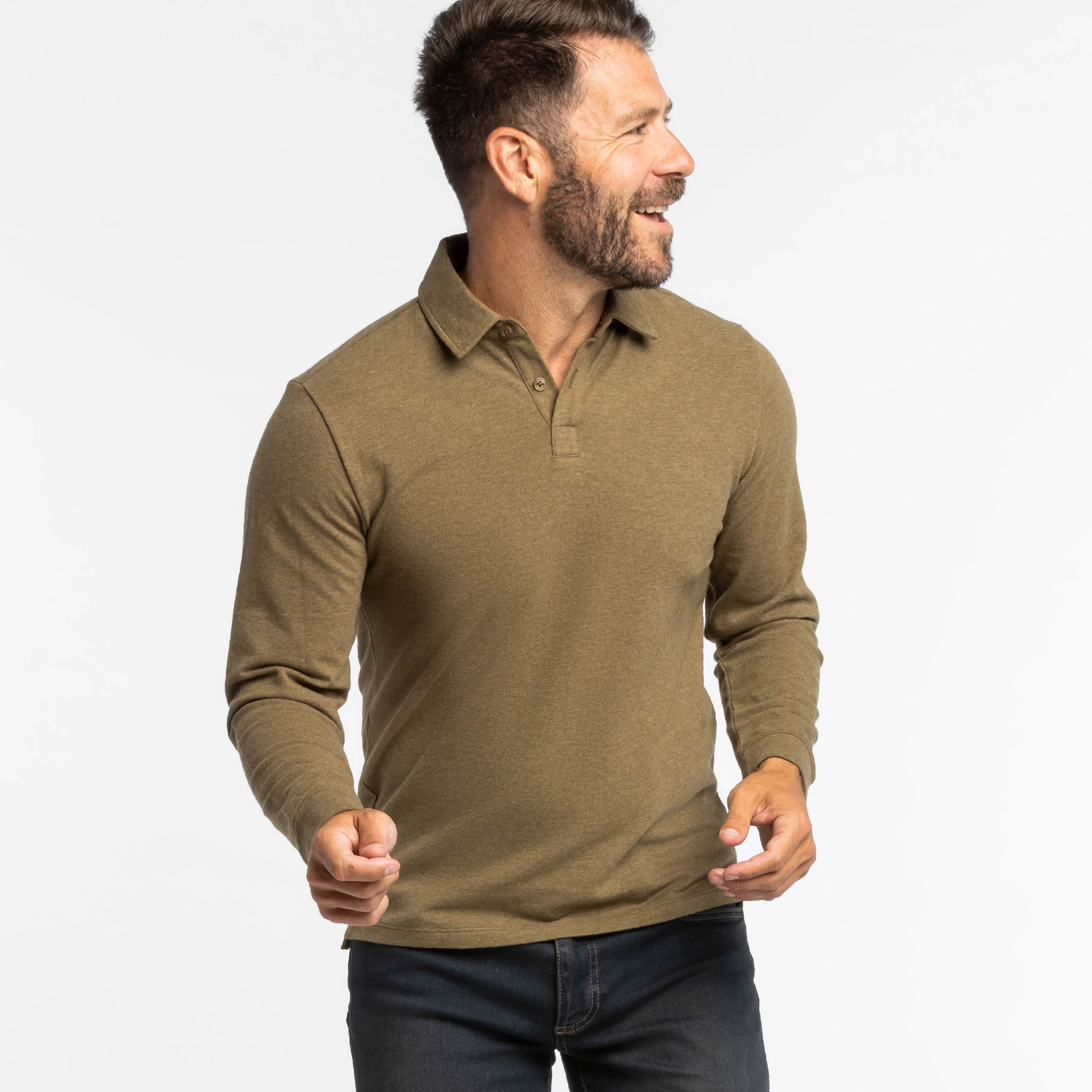 Buy Heather Olive Pique Long Sleeve Polo Shirt for Short Men Ash Erie Heather Olive XL