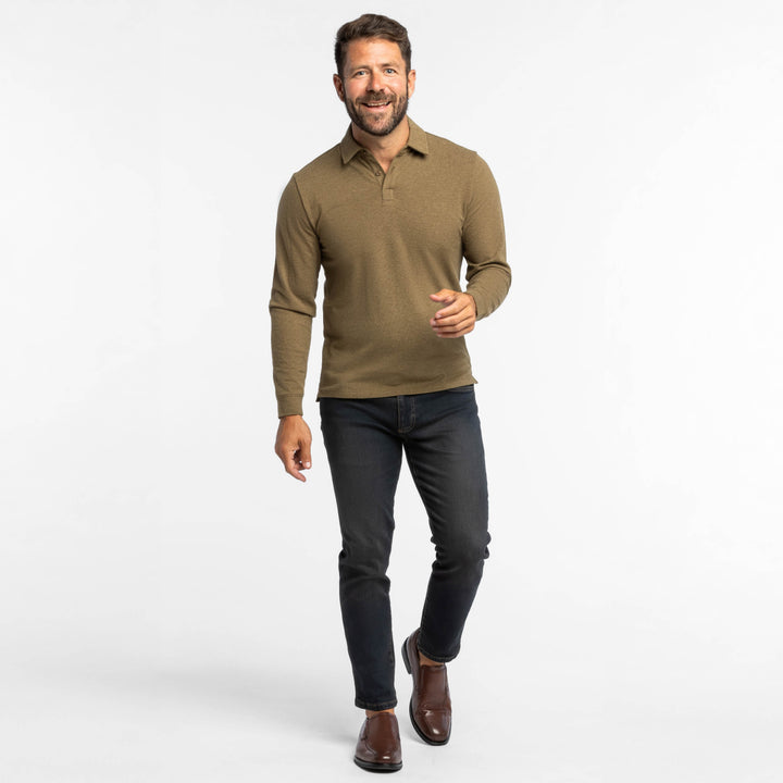 Buy Heather Olive Pique Long Sleeve Polo Shirt for Short Men | Ash & Erie   Long Sleeve Polos