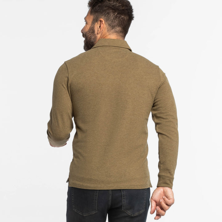 Buy Heather Olive Pique Long Sleeve Polo Shirt for Short Men | Ash & Erie   Long Sleeve Polos