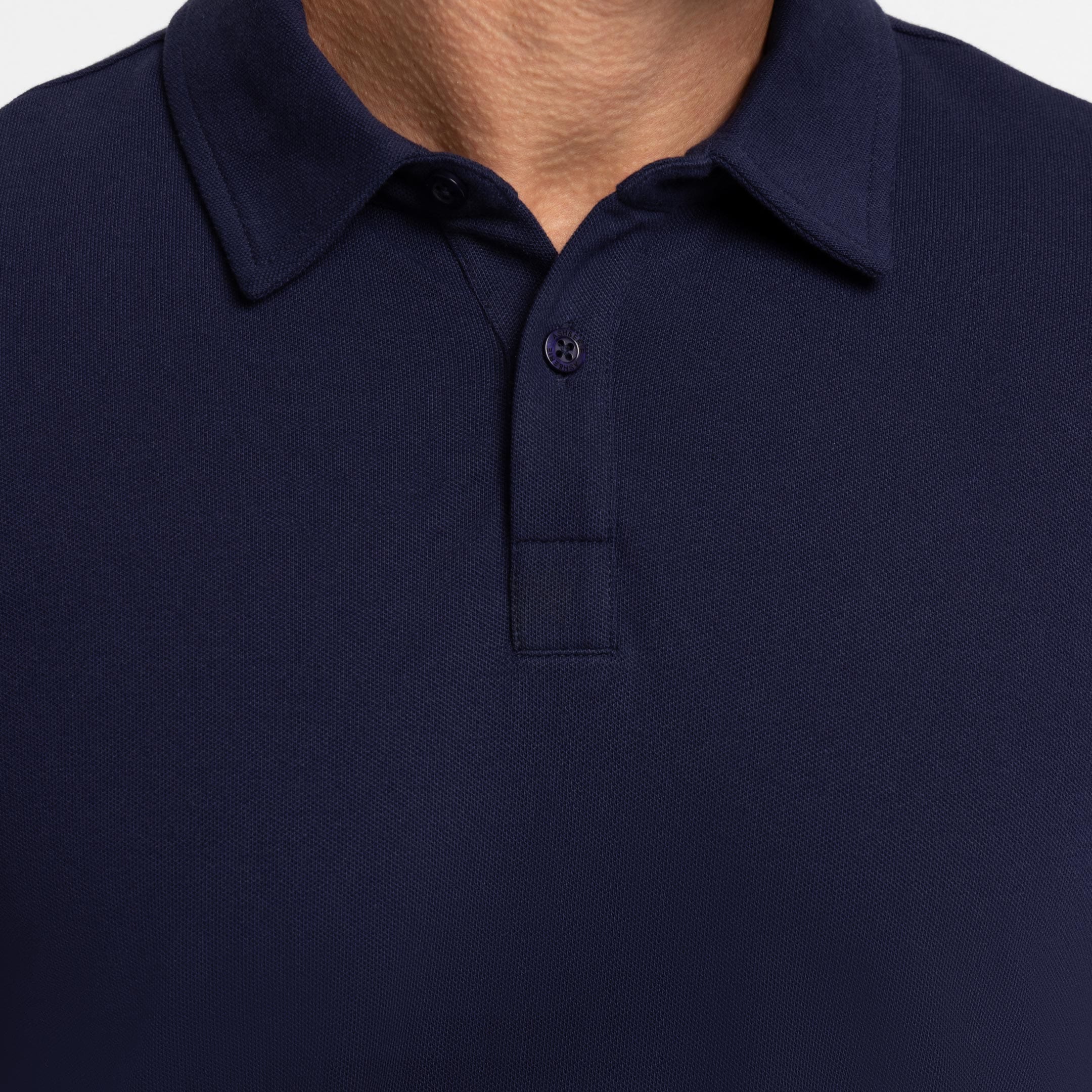 Buy Navy Pique Long Sleeve Polo Shirt for Short Men | Ash & Erie   Long Sleeve Polos